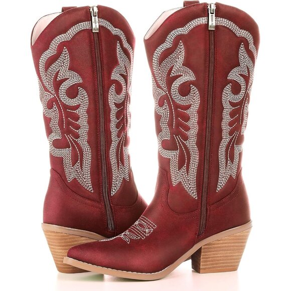 ⚡Women's Red Embroidered Fashion Retro Western Pointed Toe Chunky Heel Pull On - Picture 1 of 5